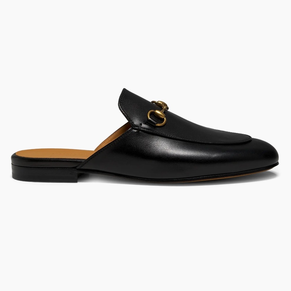 Gucci Black Leather Mules with Gold Detail